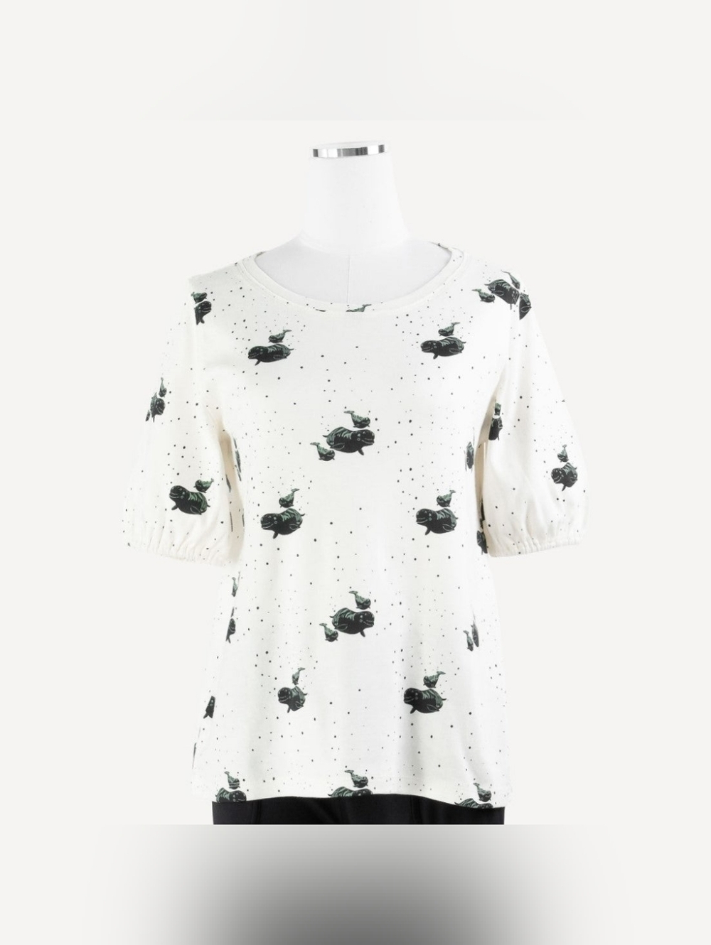 NWT Sz M Kate Quinn Women's Half Sleeve Gathered Top Black Green Beluga Whale